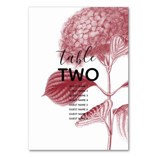 Elegant Burgundy Hydrangea Bröllop Guest Namn Bordsnummer (Framsidan)