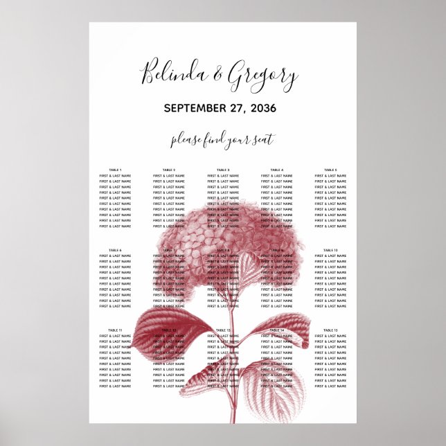 Elegant Burgundy Hydrangea Bröllop Sittdiagram Poster (Framsidan)