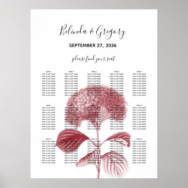Elegant Burgundy Hydrangea Bröllop Sittdiagram Poster (Framsidan)