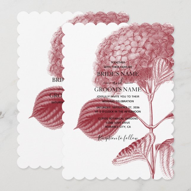 Elegant Burgundy Hydrangea bröllopsinbjudningar Inbjudningar (Fram/baksida)