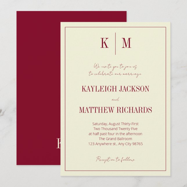 Elegant Burgundy Ivory Monogram Wedding Inbjudningar (Fram/baksida)