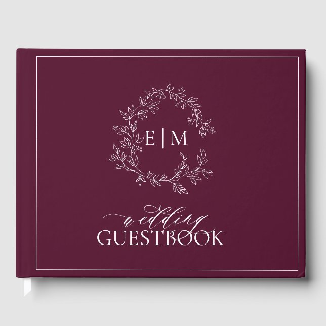 Elegant Burgundy Leafy Vapensköld Monogram Bröllop Gästböcker (Framsida)