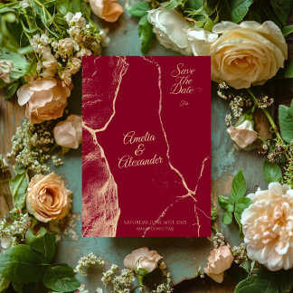 Elegant Burgundy & Ljusgul Marmor Spara datumet Inbjudningar