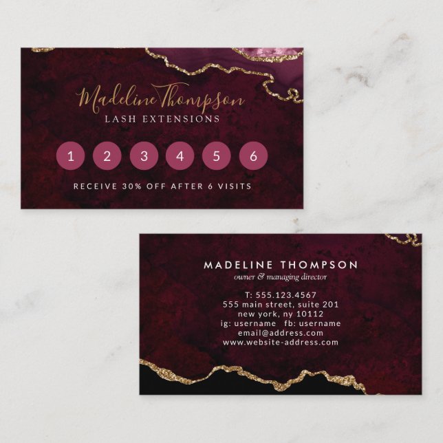 Elegant Burgundy Marble Agate Geode Lojalitetskort (Fram/baksida)