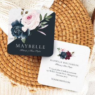 Elegant Burgundy & Marble Watercolor Blommigt Navy Fyrkantigt Visitkort