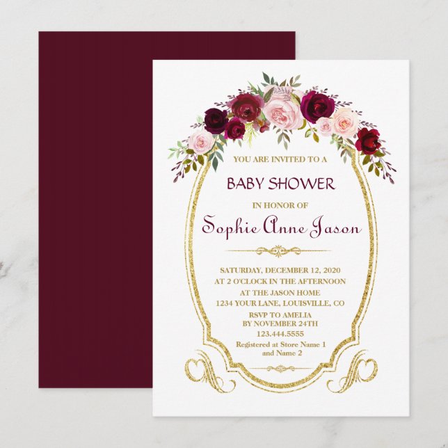 Elegant Burgundy Marsala Blommigt Fall Baby Shower Inbjudningar (Fram/baksida)