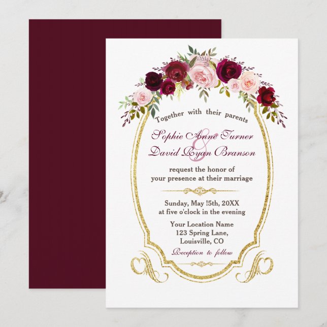 Elegant Burgundy Marsala Blommigt Fall Wedding Inbjudningar (Fram/baksida)