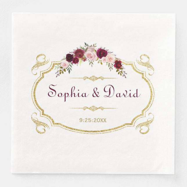 Elegant Burgundy Marsala Blommigt Fall Wedding Pappersservett (Framsida)