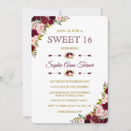 Elegant Burgundy Marsala Blommigt Sweet 16 Inbjuda Inbjudningar