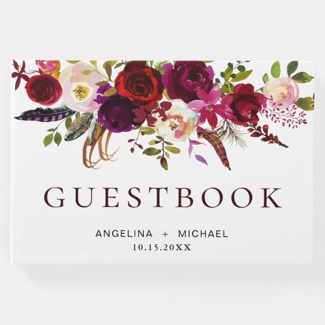 Elegant Burgundy Marsala Bohemian Blommigt Bröllop Gästböcker (Framsida)