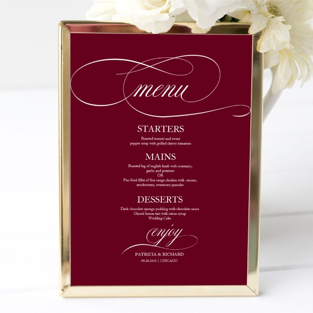 Elegant Burgundy Marsala Bröllop Menu-tecken Poster (Skapare uppladdad)