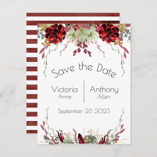 Elegant Burgundy Marsala Succulents Bröllop Spara Datumet (Fram/baksida)