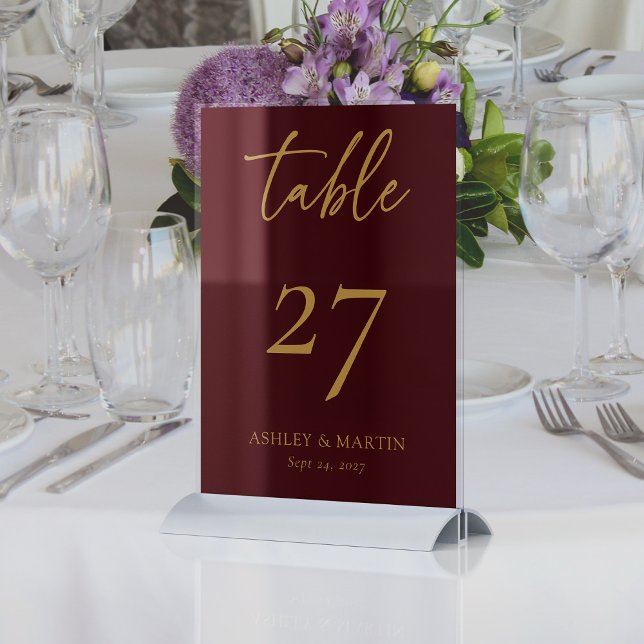 Elegant Burgundy med Guld Personlig Bröllop Bordsnummer (Elegant Burgundy with Gold Personalized Wedding Table Number)