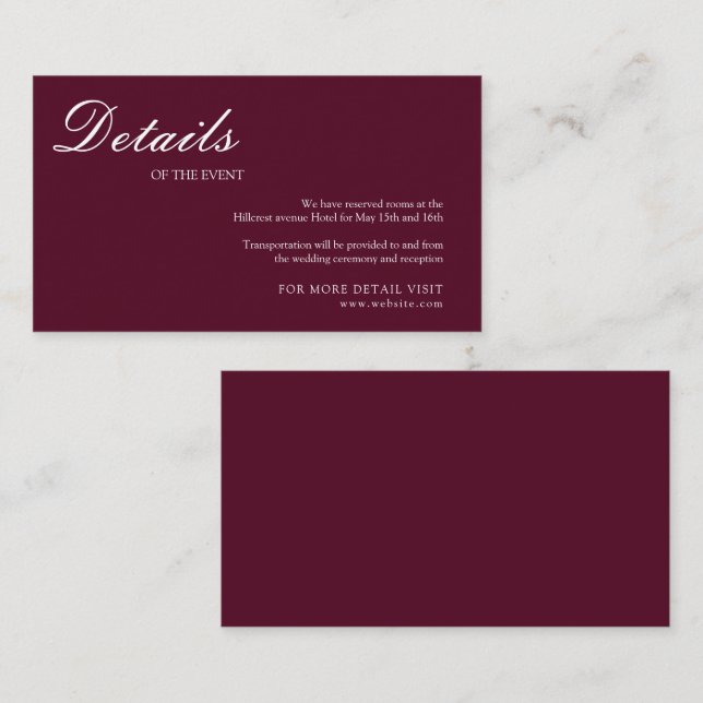 Elegant Burgundy minimalist Bröllop Tilläggskort (Fram/baksida)