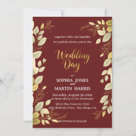Elegant Burgundy Modern Gold Botanical Wedding Inbjudningar