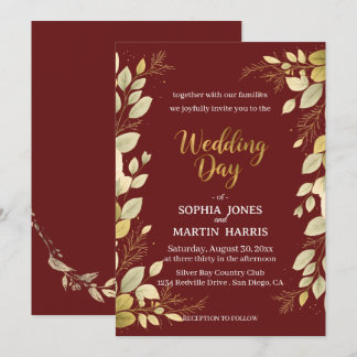 Elegant Burgundy Modern Gold Botanical Wedding Inbjudningar