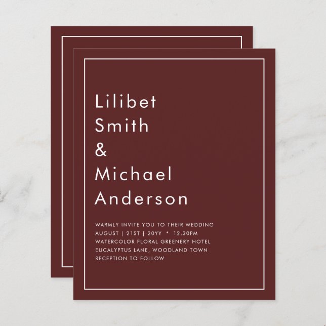 Elegant Burgundy Monochrome Bröllop Simple Classic (Fram/baksida)