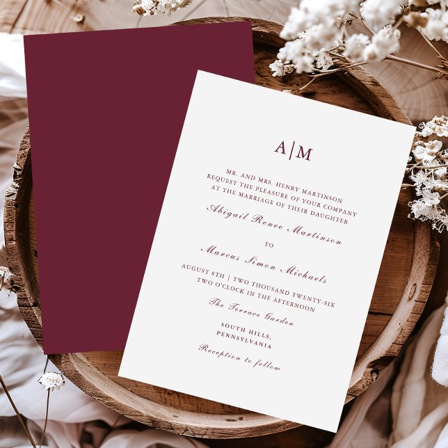 Elegant Burgundy Monogram Bröllop Inbjudningar (Skapare uppladdad)