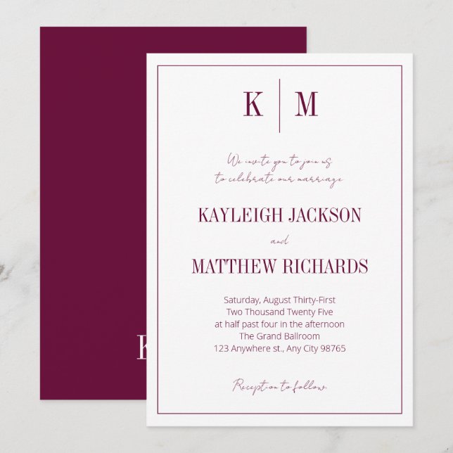 Elegant Burgundy Monogram Bröllop  Inbjudningar (Fram/baksida)