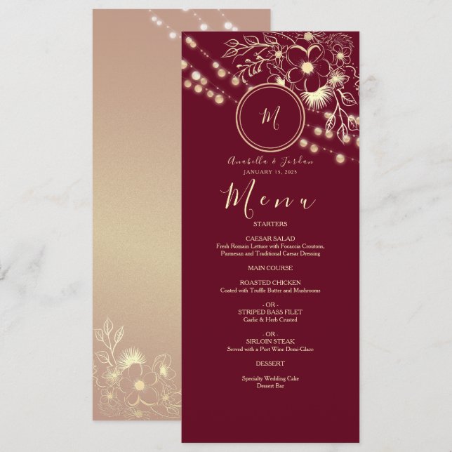 Elegant Burgundy Monogram Bröllop Menu Meny (Fram/baksida)