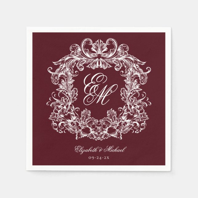 Elegant Burgundy Monogram Crest Script Wedding Pappersservett (Framsidan)