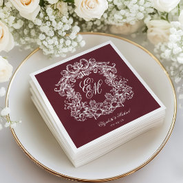 Elegant Burgundy Monogram Crest Script Wedding Pappersservett