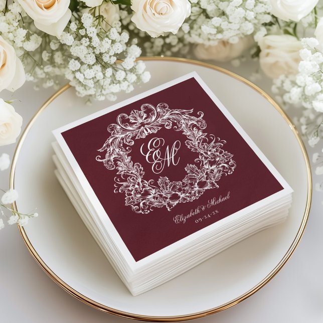 Elegant Burgundy Monogram Crest Script Wedding Pappersservett (Skapare uppladdad)