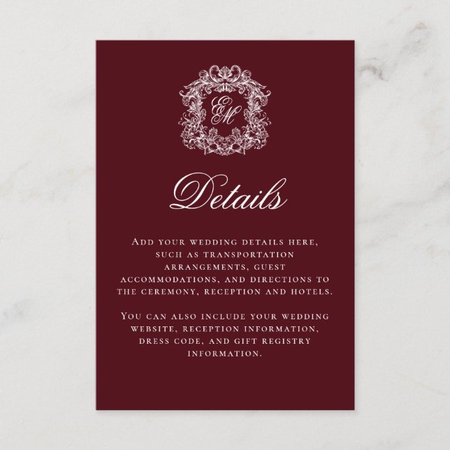 Elegant Burgundy Monogram Crest Wedding Details Tilläggskort (Framsida)