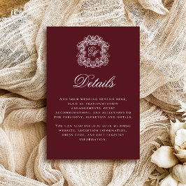 Elegant Burgundy Monogram Crest Wedding Details Tilläggskort