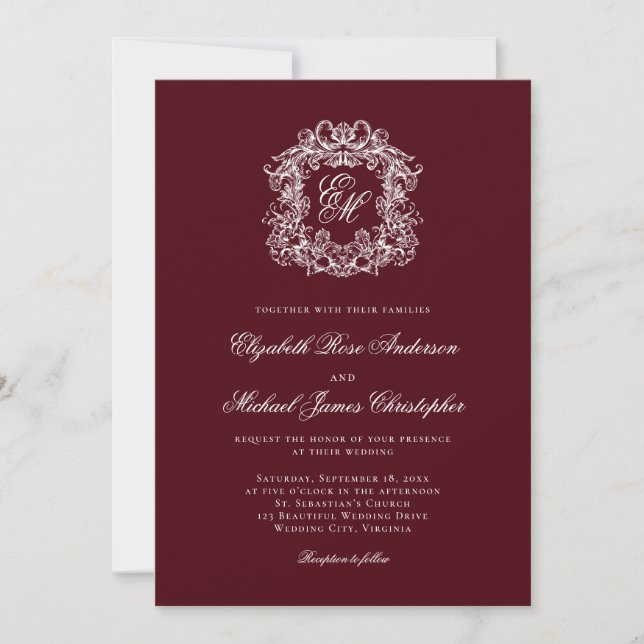 Elegant Burgundy Monogram Crest Wedding Inbjudningar (Framsida)
