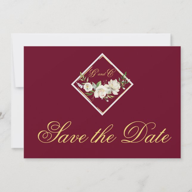Elegant Burgundy Monogram Guld Spara datum Datumet (Framsida)