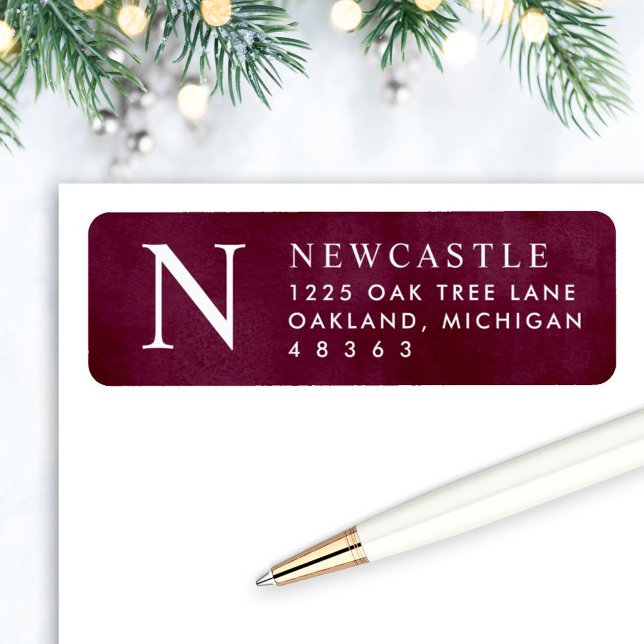 Elegant Burgundy Monogram Initial Returadress Etikett (Skapare uppladdad)