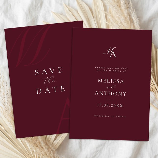 Elegant Burgundy Monogram Modern Wedding Spara Datumet (Skapare uppladdad)