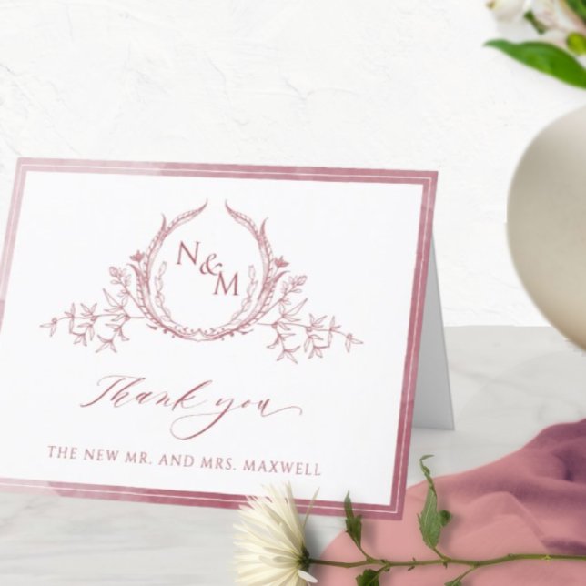 Elegant Burgundy Monogram, Watercolor Bröllop Tack Kort (Skapare uppladdad)
