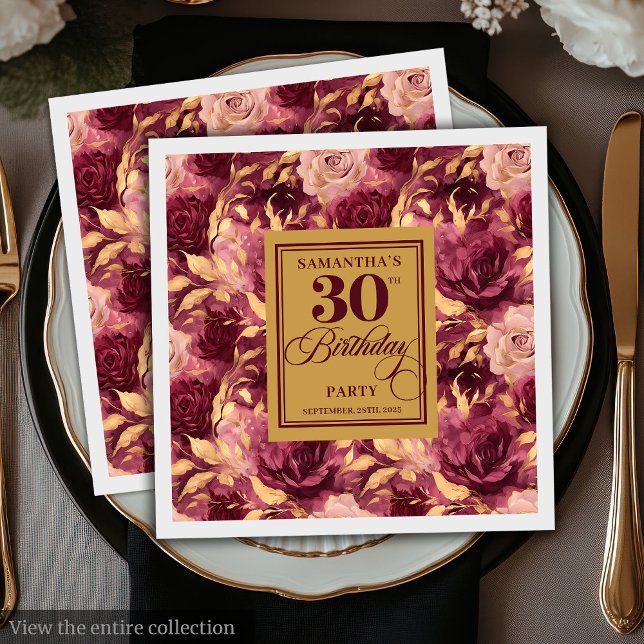 Elegant Burgundy Napkins  Guld 30års födelsedag Pappersservett (Elegant Burgundy Blush Gold 30th Birthday Napkins)