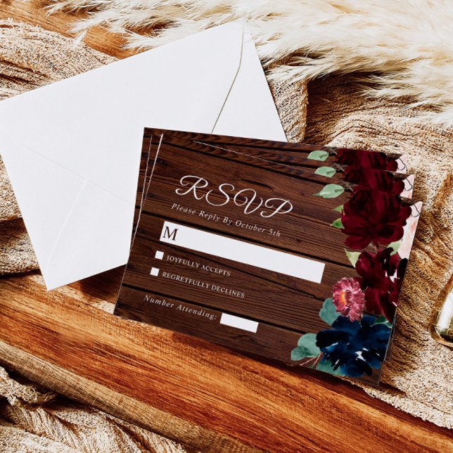 Elegant Burgundy & Navy Blåa blommor Wood Bröllop OSA Kort (Skapare uppladdad)