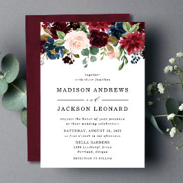 Elegant  Burgundy Navy Blommigt Bröllop Inbjudningar