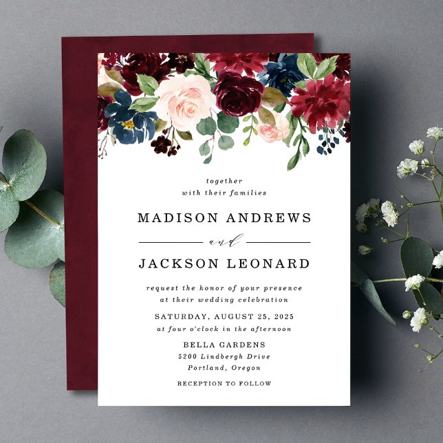 Elegant  Burgundy Navy Blommigt Bröllop Inbjudningar (Skapare uppladdad)