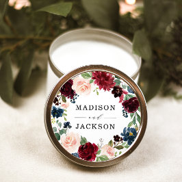 Elegant  Burgundy Navy Blommigt Bröllop Runt Klistermärke