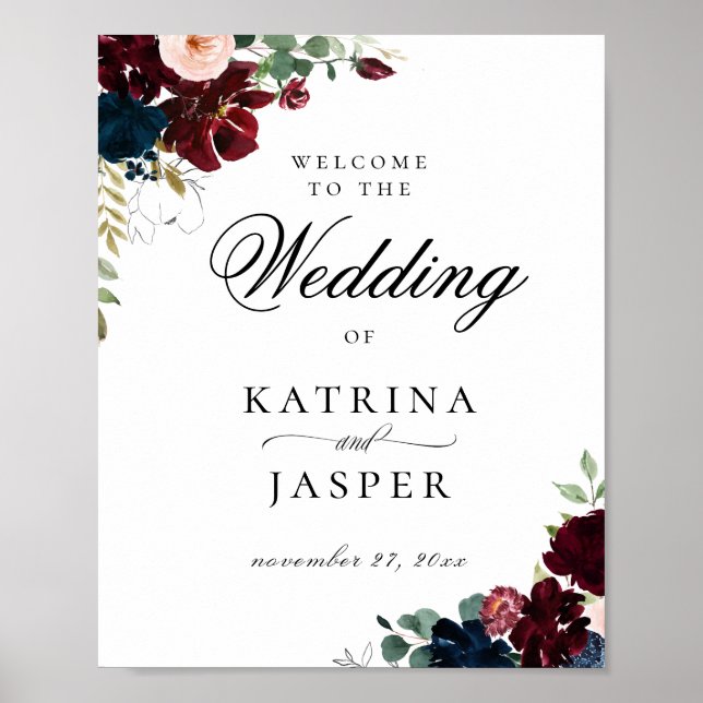 Elegant Burgundy  Navy Blommigt Bröllop Välkommen Poster (Framsidan)