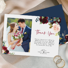Elegant Burgundy Navy-Blommigt-skript Bröllop-foto Tack Kort