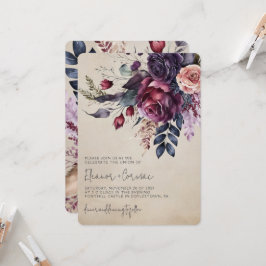 Elegant Burgundy Navy Blommigt Watercolor Bröllop Inbjudningar