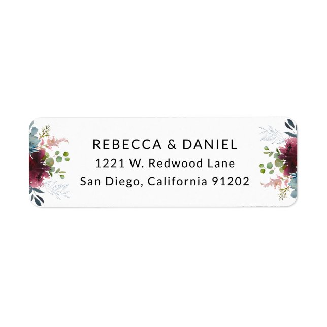 Elegant Burgundy Navy Blommigts Returadressetikett Returadress Etikett (Framsidan)