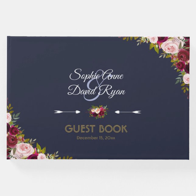 Elegant Burgundy Navy Blue Blommigt Bröllop Gästböcker (Framsida)