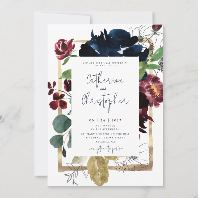 Elegant Burgundy Navy Blue Blommigt Garden Wedding Inbjudningar (Framsida)