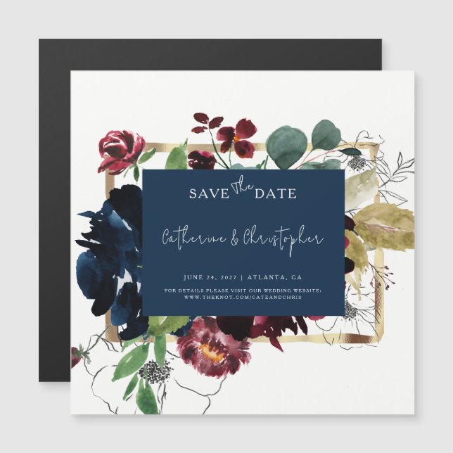 Elegant Burgundy Navy Blue Blommigt Garden Wedding Magnetisk Inbjudningskort (Fram/baksida)