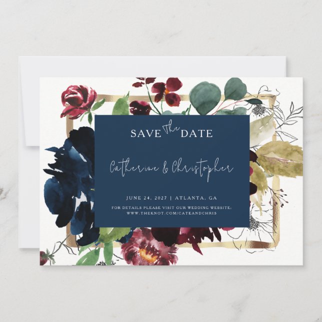 Elegant Burgundy Navy Blue Blommigt Garden Wedding Spara Datumet (Framsida)