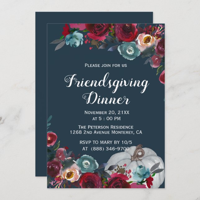 Elegant Burgundy Navy Friendsgiving inbjudningar (Fram/baksida)