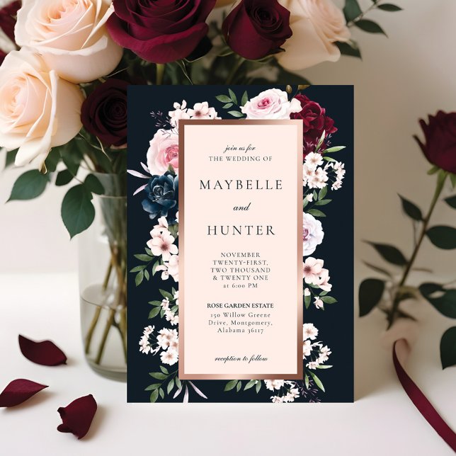 Elegant Burgundy & Navy Watercolor Blommigt Ram Inbjudningar (Elegant Burgundy & Navy Watercolor Floral Frame Invitation)