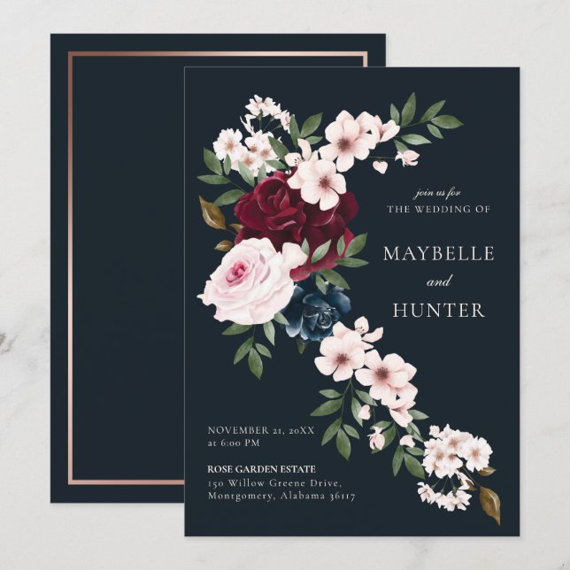 Elegant Burgundy Navy Watercolor Blommigt Waterfal Inbjudningar (Fram/baksida)